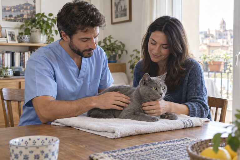 Un operatore osserva un gatto insieme alla proprietaria, in casa